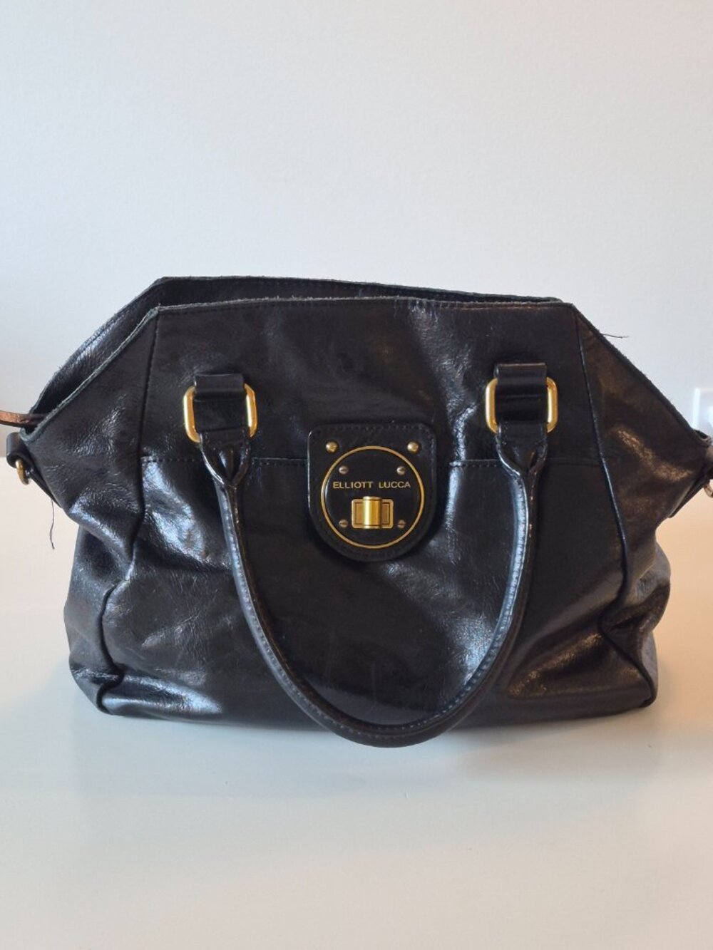 Elliott Lucca Black Genuine Leather Satchel Gold Turn Lock Handbag Purse